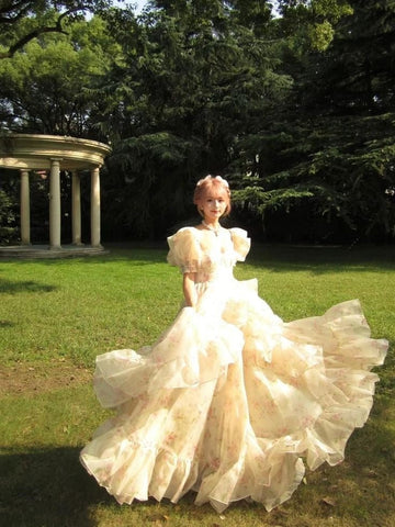 Romantic A Line Puff Sleeve Print Flower Chiffon Party Dress Evening Dress with Slit HZ1023